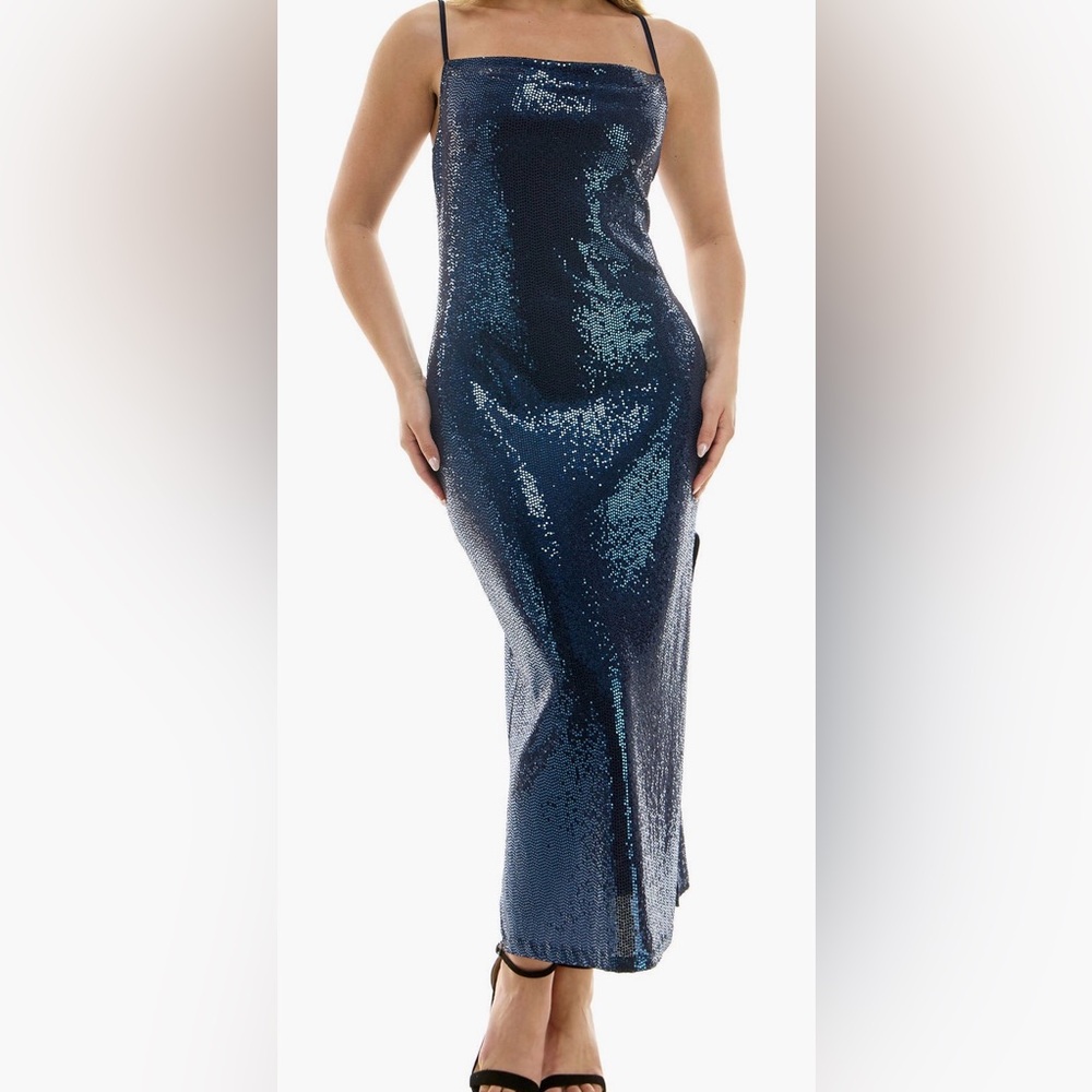 NWOT - Bebe Cowl Neck Shimmer Maxi Dress, Sz Medium, Blue
